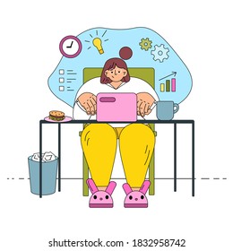 self-isolation. the girl is sitting at the table with a Cup and sandwich and working on a laptop from home. home office
