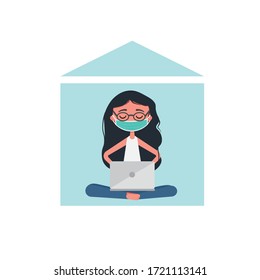 Self-isolation at home, staying home during the epidemic, work at home, girl working at home isolated, vector illustration