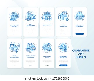 Self-isolation and hygiene rules onboarding mobile app page screen with concepts set. Quarantine walkthrough 5 and 4 steps graphic instructions. UI vector template with RGB color illustrations