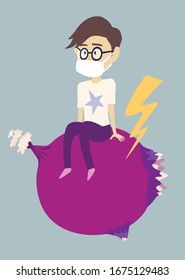 Self-isolation masked boy man vector illustration. Little boy sitting on planet. Coronavirus quarantine epidemic concept. Cartoon flat style drawing icon 