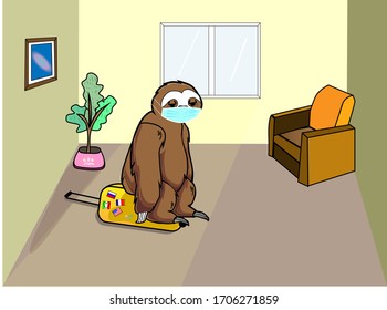 Self-isolation mode. Traveler Sloth sitting at home on his favourite yellow suitcase. World problem. 