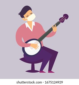 Self-isolation musician man with banjo vector illustration. Coronavirus quarantine epidemic concept. Concert without visitor. Banjo masked player characters cartoon flat style. Isolated drawing icon