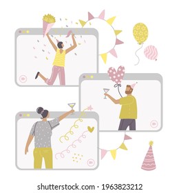 Self-isolation online birthday party. Remote friends holiday celebration metaphors. Spare time ideas for self-isolation. Several gadqet screens with people. Vector flat illustration.