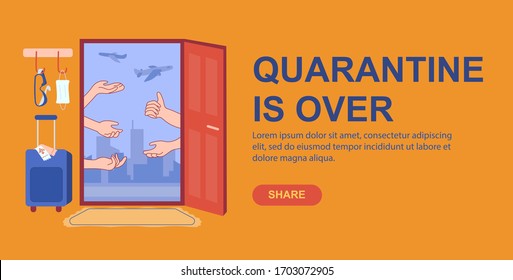 Self-isolation is over. Quarantine relaxation concept. Abstract banner with open door home and hands friends outside inviting to travel, walk. Mask, goggles hanging. Suitcase and plane tickets.