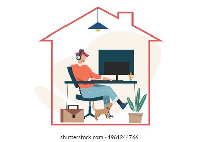 Self-isolation from a pandemic. Man in quarantine isolation protected in a house
