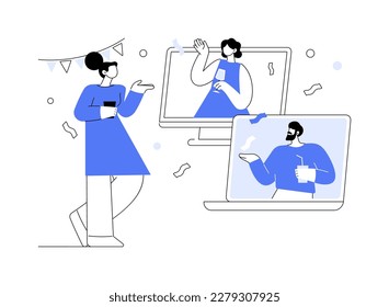 Self-isolation party abstract concept vector illustration. Celebration online, video call, happy friend, quarantine fun, coronavirus outbreak, videoconference, virtual chat abstract metaphor.