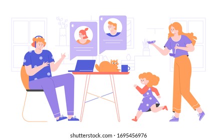 Self-Isolation and quarantine. Family at home. Dad works remotely. Online meeting with colleagues, video call. Daughter plays, mom cooks dinner, the cat lies on the desk. Vector flat illustration.