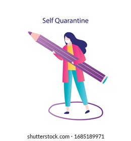 Self-Isolation or self quarantine concept. Woman in protective mask holding big pencil. Protective circle around the girl. Sick person or fear of contracting coronavirus. Covid-19 pandemic vector illustration