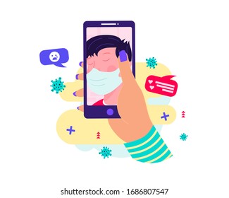 Self-isolation shield from coronavirus. People talking on distance. Man with face mask in online chat. Social distancing.