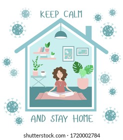 Self-isolation and stay at home concept. Coronavirus prevention and quarantine. Girl stays at home relaxing and meditating. Vector illustration in flat style.