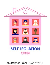 Self-isolation and stay at home requirement. People of different nationalities sitting at home. Quarantine. COVID 19 and Coronavirus epidemic concept. Vector illustration.