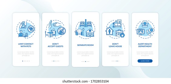 Self-isolation tips, staying home onboarding mobile app page screen with concepts. Contacts limit walkthrough 5 steps graphic instructions. UI vector template with RGB color illustrations