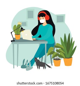 Self-isolation woman with laptop working at home vector illustration. Coronavirus epidemic concept. Isolation at home, Coronovirus pandemic. Isolated on white background 