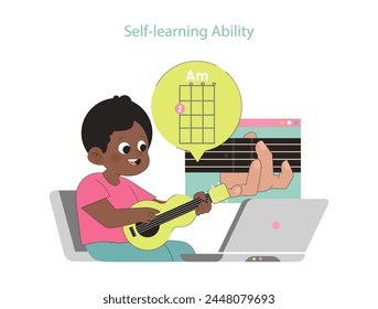 Self-learning ability concept. Child using laptop to learn guitar chords. Independence and musical skill development.