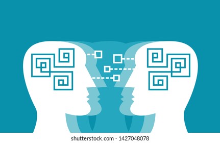 Self-learning AI, machine learning concept. Two crowds of android heads transferring data to each other as self education process. Artificial intelligence mind. Flat line vector illustration.