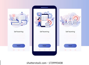 Self-learning, online education, e-book, distance e-learning. Self development concept. Skill improvement. Goal achieving. Screen template for mobile smart phone. Modern flat cartoon style. Vector 