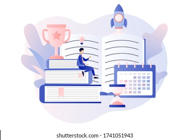 Self-learning, online education, e-book, distance e-learning. Self development concept. Skill improvement. Goal achieving. Start up. Modern flat cartoon style. Vector illustration on white background