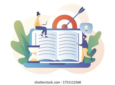 Self-learning, online education, e-book, distance e-learning. Goal achieving. Skill improvement. Self development concept. Modern flat cartoon style. Vector illustration on white background
