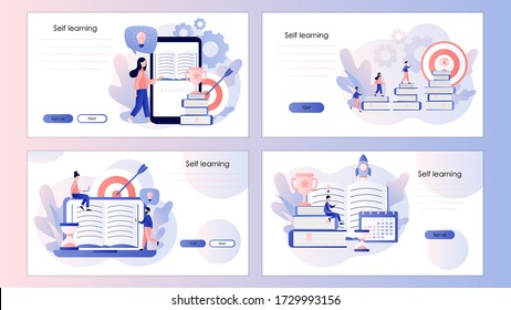 Selbstlernen, Online-Bildung, E-Book. Bildschirmvorlage für mobiles Smartphone, Landing Page, Template, ui, Web, Mobile App, Poster, Banner, Flyer. Moderner, flacher Cartoon-Stil. Vektor-Abbildung