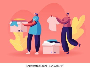 Selfless Kind Women Volunteers in T-shirts with Emblem of Charity Organization Collecting Clothes for Beggars Living on Street. Girl Carry Box with Donated Dressing. Cartoon Flat Vector Illustration