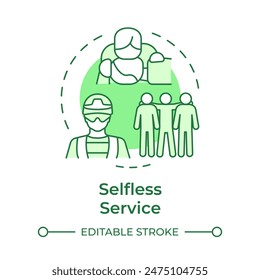 Selfless service green concept icon. Team members cooperation. Cpr training, first aid. Round shape line illustration. Abstract idea. Graphic design. Easy to use in infographic, presentation