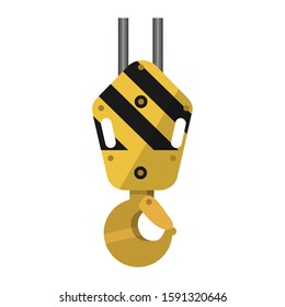 Self-locking crane hook. Forged one-horned hook with suspension and part of the rope. Gripping element of hoisting equipment. Flat. Vector illustration