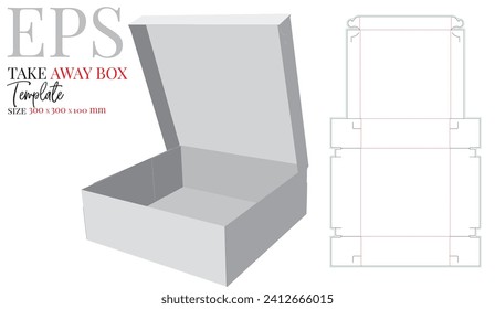 Self-locking delivery box template, vector. Take away box with die cut, laser cutting. White clear blank transport box mock up isolated on white background with perspective view