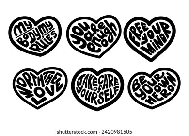 Selflove negro groovy con letras en forma de corazón. Letras de silueta dibujadas a mano. Lema animador y motivador. Cartel aislado de vector plano tipográfico, impresión, pegatinas.