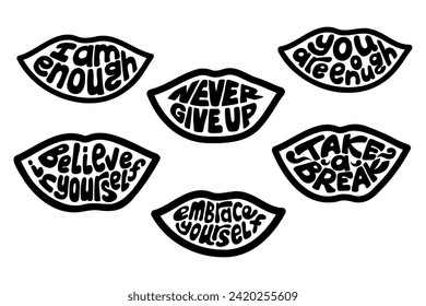 Selflove black groovy lettering in lips shape. Trendy hand drawn silhouette lettering. Selfcare and motivating slogan. Typographic flat vector isolated poster, printout, stickers.