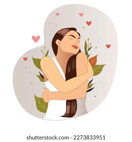 Self-Love care, be good to yourself illustration with a woman hugging herself. Women's physical, psychological, mental and spiritual health graphic collection.	