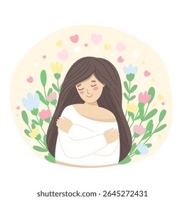Self-love and care concept featuring a tranquil woman surrounded by blooming flowers and hearts in a flat vector style, symbol of mental health and care.