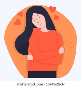 Self-love and care for yourself and your body. Vector image of a girl hugging herself. Care and care for yourself and your body. A happy girl who loves herself.