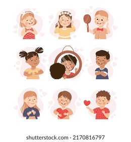 Self-love with Children Admiring Themselves Loving Their Appearance Vector Set