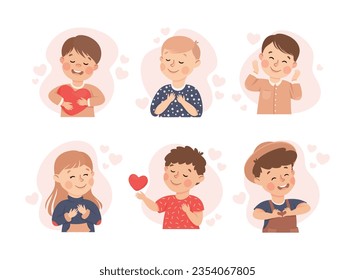 Self-love with Children Admiring Themselves Loving Their Appearance Vector Set