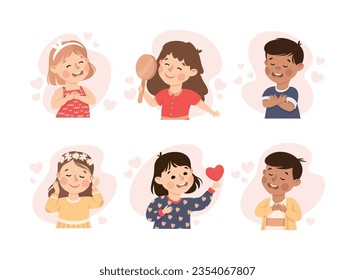 Self-love with Children Admiring Themselves Loving Their Appearance Vector Set