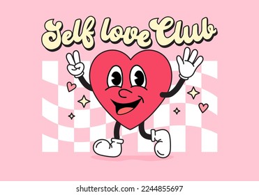 Self-love Club groovy style vector illustration with Trippy Grid background. Trendy 70s style print with cute cartoon heart character and lettering. Motivational girly print. Hippie 80s flat style art