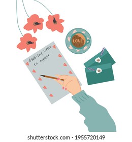 Self-love concept. Female hand writes a letter to the future self. Vector illustration of a female hand, letters, flowers and coffee. 