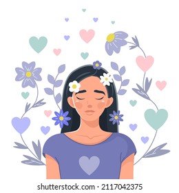 El amor propio, el concepto de salud mental. Una mujer feliz rodeada de flores se siente segura, ama y se acepta. Salud mental, terapia psicológica, sensibilización sobre la salud mental