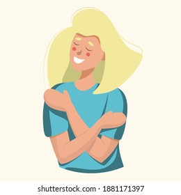 Self-love concept. White woman hugging  herself.vector illustration.