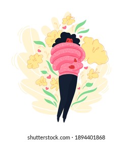 Self-love concept. A woman hugs herself. Girl embraces her body with arms. Love yourself. Flower in the background. A vector cartoon illustration.