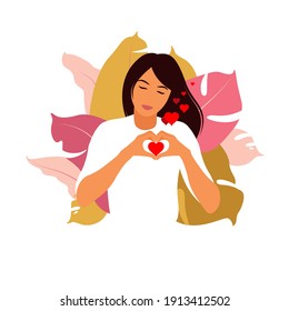 Self-love concept. Young girl making hand heart symbol with her fingers that express love and acceptance. Flat vector.