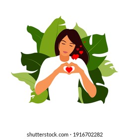 Self-love concept. Young girl making hand heart symbol with her fingers that express love and acceptance. Flat vector.