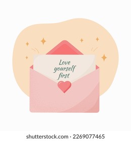 Self-love flat illustration. A letter with the inscription "Love yourself first". Cute vector illustration about love and respect for yourself. 