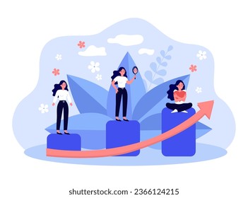 Self-love journey of happy woman as steps vector illustration. Cartoon drawing of steps to self-improvement or growth, girl hugging herself. Self-love or self-acceptance, confidence concept