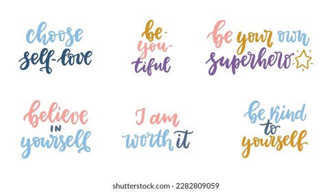 Self-love lettering quote set. Colorful inspiring text. Self-care, self-love motivation. Mental-health and well being vector posters. 