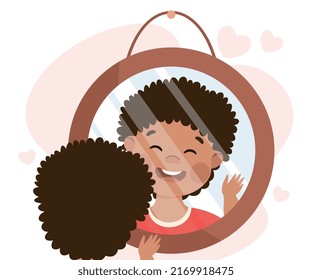 Self-love with Little Boy Looking in Mirror Admiring Himself Loving His Appearance Vector Illustration