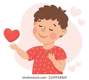 Self-love with Little Boy Sending Heart Admiring Himself Loving His Appearance Vector Illustration