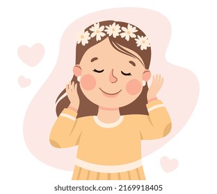 Self-love with Little Girl Admiring Herself Loving Her Appearance Vector Illustration