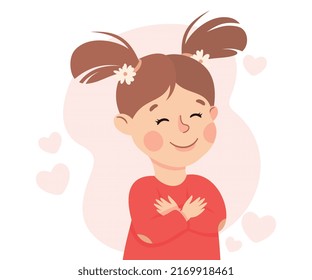 Amor propio con la pequeña niña admirándose a sí misma amando su ilustración vectorial de apariencia