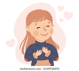 Self-love with Little Girl Admiring Herself Loving Her Appearance Vector Illustration